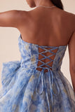 Grey Blue Strapless A-Line Ruched Short Homecoming Dress with Bow