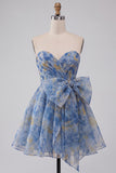 Grey Blue Strapless A-Line Ruched Short Homecoming Dress with Bow