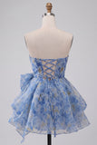 Grey Blue Strapless A-Line Ruched Short Homecoming Dress with Bow