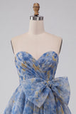 Grey Blue Strapless A-Line Ruched Short Homecoming Dress with Bow