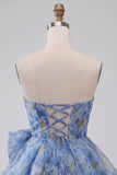 Grey Blue Strapless A-Line Ruched Short Homecoming Dress with Bow