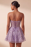 Lilac A Line Sheer Corset Strapless Short Homecoming Dress with Sequins