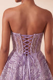 Lilac A Line Sheer Corset Strapless Short Homecoming Dress with Sequins