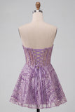 Lilac A Line Sheer Corset Strapless Short Homecoming Dress with Sequins