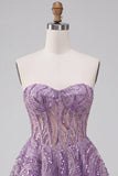 Lilac A Line Sheer Corset Strapless Short Homecoming Dress with Sequins