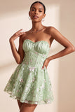 Sage Green A-Line Floral Embroidery Strapless Corset Short Homecoming Dress