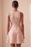 A-Line Round Neck Embroidered Floral Short Homecoming Dress with Ruffles