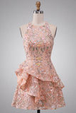 A-Line Round Neck Embroidered Floral Short Homecoming Dress with Ruffles