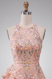 A-Line Round Neck Embroidered Floral Short Homecoming Dress with Ruffles