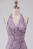 Sparkly Lilac Beaded Sequins Halter Backless Short Homecoming Dress