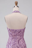 Sparkly Lilac Beaded Sequins Halter Backless Short Homecoming Dress