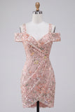 Blush Bodycon Cold Shoulder Floral Short Homecoming Dress with Embroidery