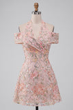 Floral Embroidered Sequin Cold-Shoulder Halter Short Homecoming Dress