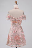 Floral Embroidered Sequin Cold-Shoulder Halter Short Homecoming Dress