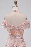 Floral Embroidered Sequin Cold-Shoulder Halter Short Homecoming Dress