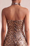 Sparkly Leopard Print Sequin Strapless Short Homecoming Dress with Rosette Choker
