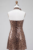 Sparkly Leopard Print Sequin Strapless Short Homecoming Dress with Rosette Choker
