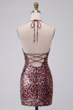 Leopard Print Bodycon Halter Mini Homecoming Dress with Strings