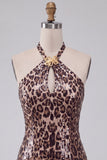 Leopard Print Bodycon Halter Mini Homecoming Dress with Strings