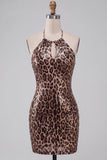 Sparkly Sequin Leopard Print Bodycon Halter Keyhole Short Homecoming Dress