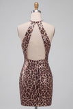 Sparkly Sequin Leopard Print Bodycon Halter Keyhole Short Homecoming Dress