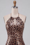 Sparkly Sequin Leopard Print Bodycon Halter Keyhole Short Homecoming Dress