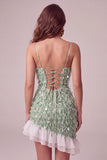 Green Bodycon Square Neck Sequin Fringe Homecoming Dress with Asymmetric Ruffled Hem