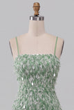 Green Bodycon Square Neck Sequin Fringe Homecoming Dress with Asymmetric Ruffled Hem
