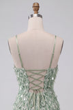 Green Bodycon Square Neck Sequin Fringe Homecoming Dress with Asymmetric Ruffled Hem