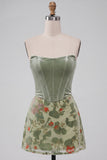 Dusty Sage Corset Velvet Strapless Floral Short Homecoming Dress