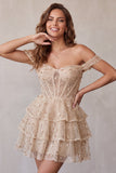 Champagne Corset Off the Shoulder Tiered Short Homecoming Dress with Beading