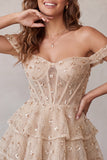 Champagne Corset Off the Shoulder Tiered Short Homecoming Dress with Beading