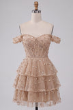 Champagne Corset Off the Shoulder Tiered Short Homecoming Dress with Beading