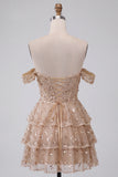 Champagne Corset Off the Shoulder Tiered Short Homecoming Dress with Beading