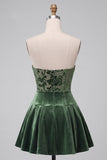Dark Green Strapless A-Line Velvet Short Homecoming Dress with Ruffles