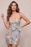 Light Grey Bodycon Sequins Strapless Beaded Short Homecoming Dress with Bow