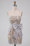 Light Grey Bodycon Sequins Strapless Beaded Short Homecoming Dress with Bow