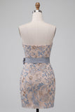 Light Grey Bodycon Sequins Strapless Beaded Short Homecoming Dress with Bow
