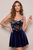 Navy A-Line Velvet Corset Floral Printed Short Homecoming Dress