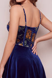Navy A-Line Velvet Corset Floral Printed Short Homecoming Dress