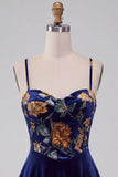 Navy A-Line Velvet Corset Floral Printed Short Homecoming Dress