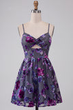 Plum A-Line Sweetheart Cut Out Floral Short Homecoming Dress