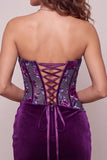 Purple Velvet Corset Bodycon Strapless Ruched Floral Short Homecoming Dress
