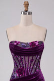 Purple Velvet Corset Bodycon Strapless Ruched Floral Short Homecoming Dress
