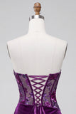 Purple Velvet Corset Bodycon Strapless Ruched Floral Short Homecoming Dress