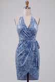 Slate Blue Bodycon Halter Velvet Ruched Midi Homecoming Dress with Sash