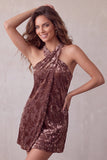 Khaki Bodycon Halter Burnout Velvet Short Cocktail Dress