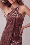 Khaki Bodycon Halter Burnout Velvet Short Cocktail Dress