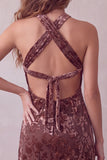 Khaki Bodycon Halter Burnout Velvet Short Cocktail Dress