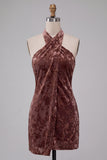 Khaki Bodycon Halter Burnout Velvet Short Cocktail Dress